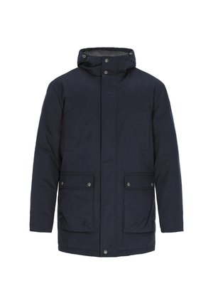 Parka bleu marine avec fermeture éclair à l'avant, fermeture à pressions, capuche ajustable et deux poches avant. Tissu lisse et texturé.