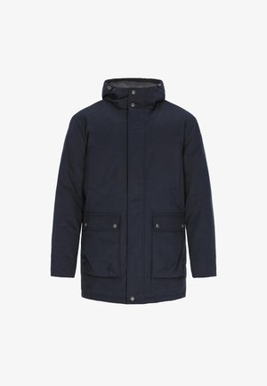 Mornarsko modra parka jakna z sprednjim zipom, zapiranjem na gumbe, nastavljivim kapuco in dvema sprednjima žepoma. Gladek, teksturiran material.