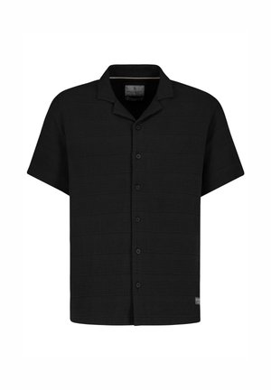 Schwarzes kurzärmliges Hemd mit durchgehender Knopfleiste, Camp-Kragen und dezentem, strukturiertem Muster, auf weißem Hintergrund präsentiert.