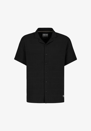 Schwarzes kurzärmliges Hemd mit durchgehender Knopfleiste, Camp-Kragen und dezentem, strukturiertem Muster, auf weißem Hintergrund präsentiert.