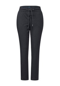 Black pinstriped trousers with an elastic waistband, drawstring, and a tapered fit. Made from a soft, smooth fabric with subtle sheen.
