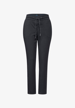 Black pinstriped trousers with an elastic waistband, drawstring, and a tapered fit. Made from a soft, smooth fabric with subtle sheen.
