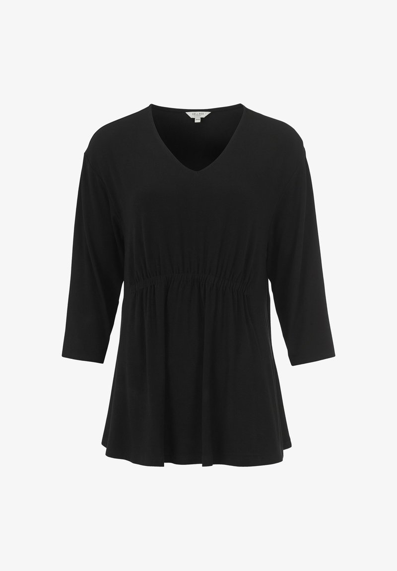 Sort V-halsbluse med trekvartærmer, indsnævret talje og udfoldet bund. Blødt, glat stof uden synlige mønstre eller detaljer.