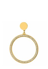 Goldene kreisrunde Ohrringe mit einer glatten runden Spitze und einem größeren Hoop, der am Rand mit funkelnden Strasssteinen verziert ist.