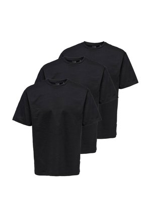 Drei schwarze Baumwoll-T-Shirts mit kurzen Ärmeln, rundem Halsausschnitt und geradem Saum, die ein einfaches, einfarbiges Design ohne Muster aufweisen.