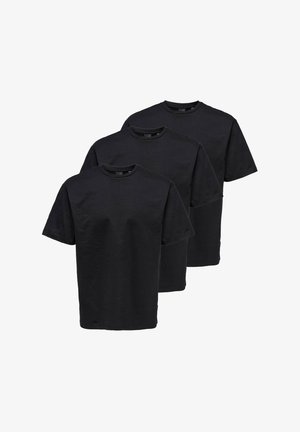 Drei schwarze Baumwoll-T-Shirts mit kurzen Ärmeln, rundem Halsausschnitt und geradem Saum, die ein einfaches, einfarbiges Design ohne Muster aufweisen.