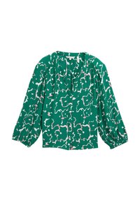 Grüne Bluse mit floralen Mustern in Pink und Weiß, langen Puffärmeln und durchgehender Knopfleiste. Leichter, fließender Stoff.