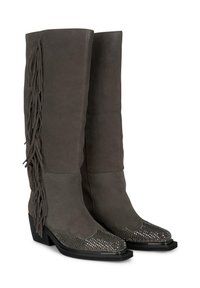 Stivali in suede grigio al ginocchio con frange sui lati e una punta decorata con embellishments metallici. Presentano un tacco a blocco e una forma appuntita e decorativa.