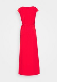 Robe maxi rouge à manches courtes, décolleté rond et ceinture à nouer à la taille. Fabriquée en tissu lisse et dotée d'une couleur unie sans motifs.