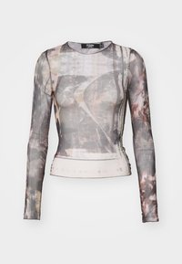 Langsleeve, doorzichtige top met een grijs en bruin abstract patroon, ronde halslijn en een aansluitende silhouet met een lichte stretch.