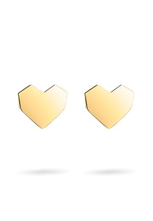 Gold-colored heart-shaped stud earrings with a smooth, glossy finish and a modern geometric design. Edges are sharply defined.