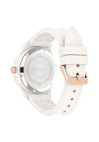 Weißer Silikon-Uhr mit einem runden Gehäuse aus rostfreiem Stahl. Verfügt über ein strukturiertes Armband und eine roségoldene Schnalle. Wasserfest bis 5 ATM.