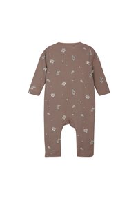 Brun ribbad babyoverall med långa ärmar, prydd med ett blommönster i vitt och grönt. Inkluderar en fotlös design och rund hals.