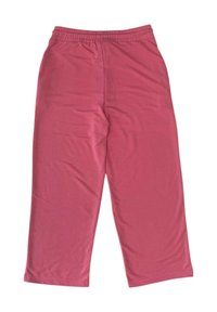 Pantaloni rosa in cotone con vita elastica, caratterizzati da un design a gamba dritta e una texture liscia, adatti per un abbigliamento casual.
