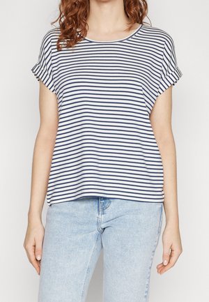 Striped short-sleeve top in navy and white, made of soft fabric. Rounded neckline, relaxed fit, and rolled sleeve cuffs. Worn with light blue jeans.