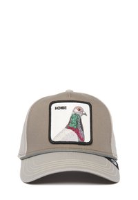 Gorra gris con lados de malla que presenta un gráfico bordado de una paloma y la palabra "HOMIE" en negro en un parche cuadrado.