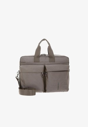 Sacoche pour ordinateur portable en tissu gris avec deux poignées supérieures, une bandoulière ajustable, deux poches frontales zippées et un motif texturé subtil.