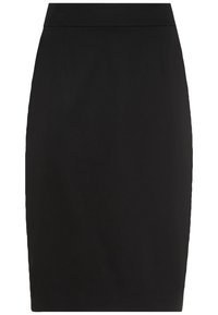 Černá pouzdrová sukně vyrobena z texturované látky s přiléhavým střihem, s hladkým pasem a jemnými předními sklady. Žádné viditelné zapínání.