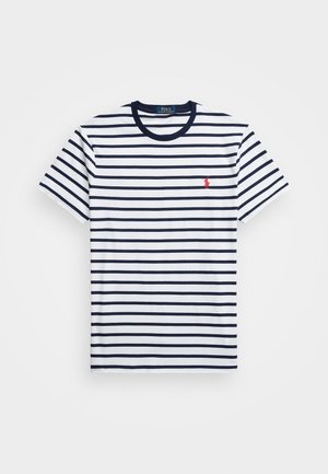 Navy and white striped T-shirt made of cotton, featuring a crew neckline and a small red logo on the left chest. Short sleeves.