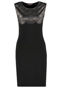 Robe sans manches noire présentant un design texturé métallique en forme de vagues au niveau du col. Coupe ajustée et tissu lisse dans l'ensemble.