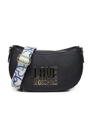Borsa sintetica nera con forma curva, logo dorato "LOVE MOSCHINO" e tracolla multicolore con motivo a cuori.