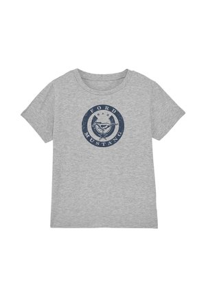 Light gray short-sleeve t-shirt with dark blue circular Ford Mustang logo featuring a running horse and stars in the center.