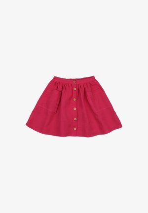 Pink linen skirt with an elastic waistband, front-button closure, and two large side pockets. Features a flared design and smooth texture.