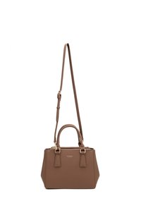 Borsa a tracolla in pelle marrone con una forma rettangolare. Presenta manici superiori doppi, una tracolla staccabile e una chiusura conzip. Accenti in hardware dorato.