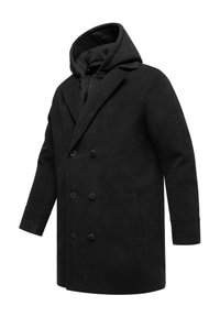 Čierny dvojradový kabát s kapucňou, vyrobený z textúrovanej látky. Obsahuje veľké gombíky a bočné vrecká, pričom má priliehavý strih.