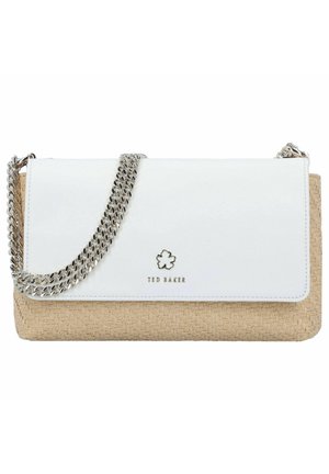 Beige woven handbag with a smooth white flap, silver chain strap, and small flower logo with "Ted Baker" text on front.