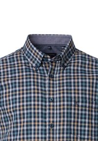 Overhemd met knoopsluiting, voorzien van een geruit design in blauwe, groene en bruine tinten. Stof is geweven met een textuurafwerking. Inclusief een borstzak en blauwe knopen.