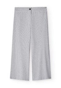 Lichtgrijze wijde broek met een textuur van verticale streepjes, voorzien van een platte tailleband en een enkele knoopsluiting.