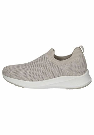Chaussure de sport grise clair à enfiler avec dessus en tissu tricoté, semelle blanche amortissante et languette au talon.