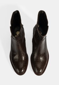 Braune Leder-Stiefeletten mit einem strukturierten Krokodil-Muster, verfügen über einen seitlichen Reißverschluss und ein spitz zulaufendes Design. Glatte Oberfläche insgesamt.