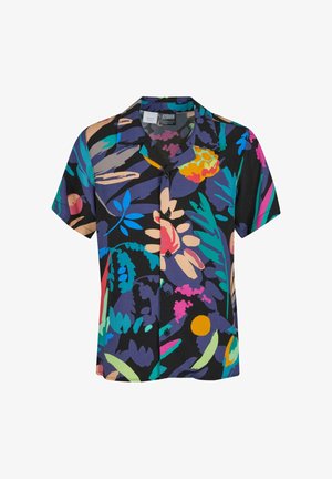 Lühikese varrukaga särk mustast kangast, millel on särav lillemuster roosa, rohelise, sinise ja oranži värviga. Nööbiga kinnitamine.