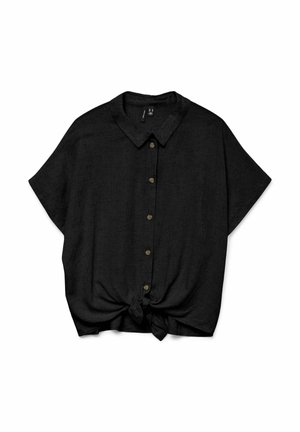 Chemise noire manches courtes boutonnée avec col et nœud à l'avant, présentée sur fond blanc.