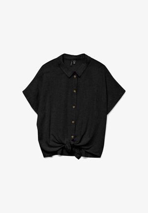 Chemise noire manches courtes boutonnée avec col et nœud à l'avant, présentée sur fond blanc.