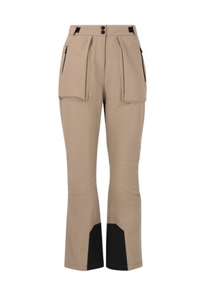 Pantaloni da esterno beige con due tasche frontali, design plissettato e dettagli neri ai polsini. Realizzati in tessuto durevole e flessibile.