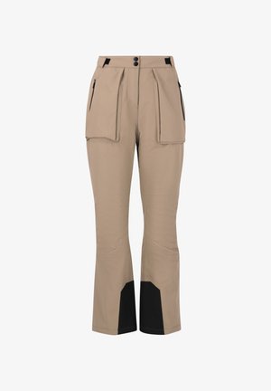 Beige Outdoor-Hosen mit zwei Fronttaschen, gefaltetem Design und schwarzen Akzenten an den Bündchen. Hergestellt aus strapazierfähigem, flexiblem Material.