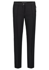Schwarz maßgeschneiderte Hose mit schmaler Passform, ausgestattet mit Reißverschlusstaschen und einem glatten, dehnbaren Stoff für hohen Tragekomfort. Auffällige Nahtdetails an der Vorderseite.