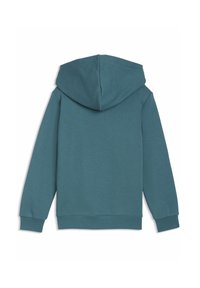 Sweat-shirt sarcelle avec capuche, manches longues et poignets côtelés. Le tissu semble doux et lisse sans motifs visibles.