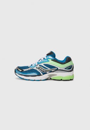 Blue and green Saucony Omni 9 running shoe with white laces and mesh design, shown from the side on a plain white background.
