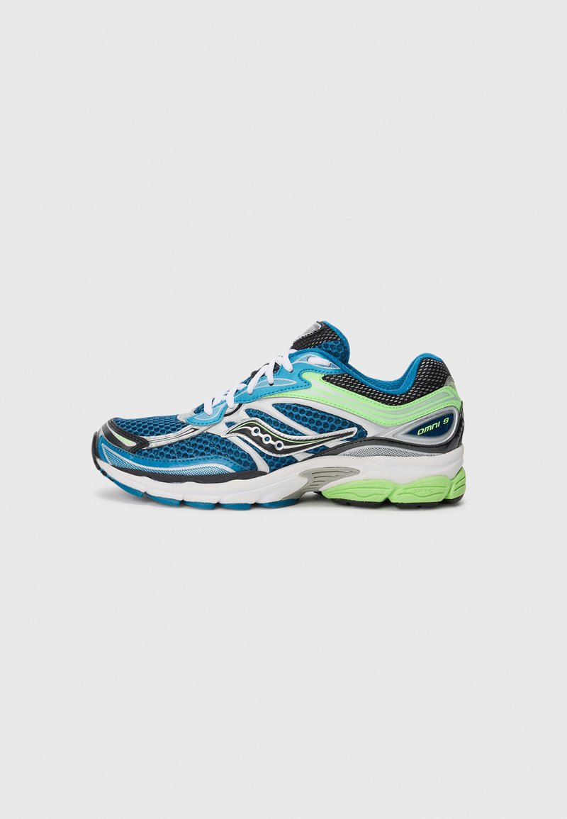Blue and green Saucony Omni 9 running shoe with white laces and mesh design, shown from the side on a plain white background.