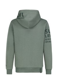 Hoodie in een gedempt groen, met een donkere print op de mouwen en achterkant, geribde manchetten en zoom, zachte stof en een relaxte pasvorm.