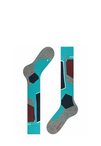 Wielokolorowe skarpetki z turkusową bazą oraz geometrycznymi wzorami w odcieniach szarości, burgundu i czerni. Teksturowany materiał z wzmocnionymi mankietami.