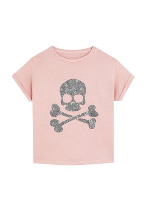 Camiseta de manga corta rosa claro con un gráfico de calavera y tibias cruzadas en gris en el frente. Material suave de algodón, ajuste holgado.