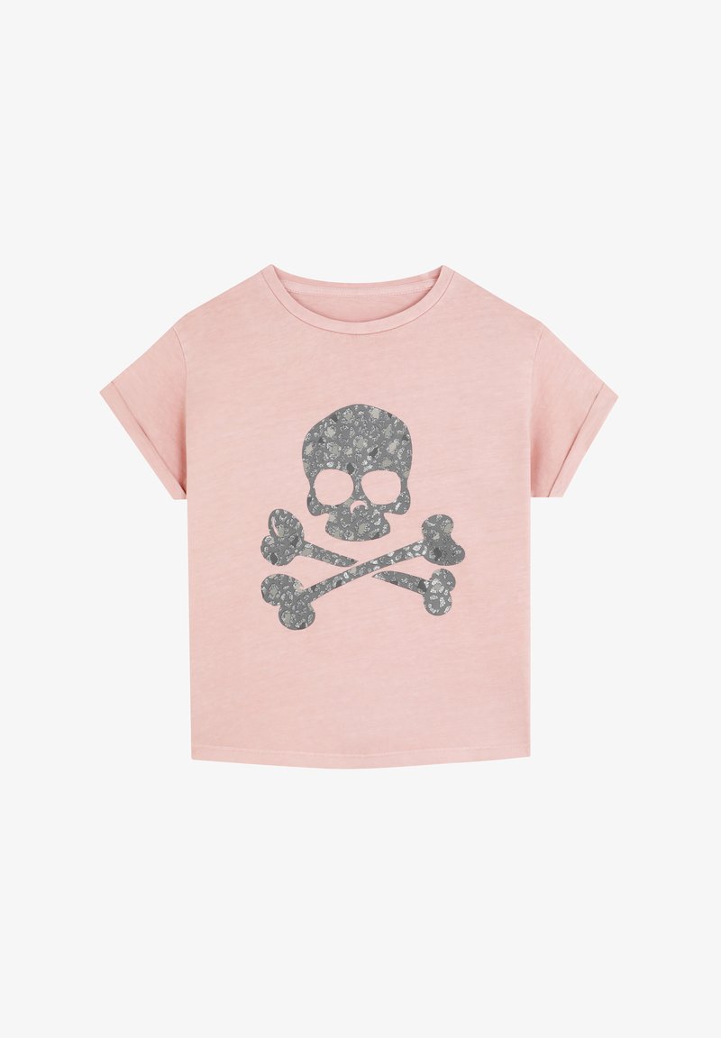 Camiseta de manga corta rosa claro con un gráfico de calavera y tibias cruzadas en gris en el frente. Material suave de algodón, ajuste holgado.