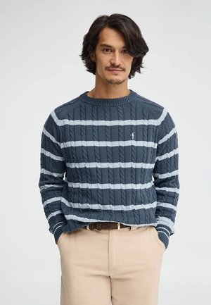 Mann mit dunklen Haaren, der einen blau-weiß gestreiften Pullover mit Zopfmuster und beige Hose trägt, die Hände in den Taschen, steht vor einem schlichten Hintergrund.