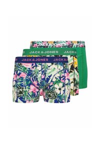 Drei Paar Jack & Jones Boxershorts: florales Muster mit marineblauen und grünen Bändern sowie einfarbige grüne Shorts, aus weichem, dehnbarem Stoff.
