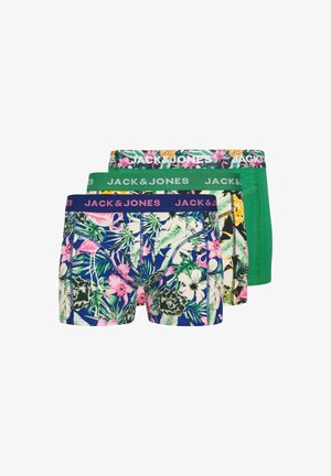 Tre par af Jack & Jones boxershorts: blomsterprint med marineblå og grønne bånd og ensfarvet grøn, lavet af blødt og strækbart stof.